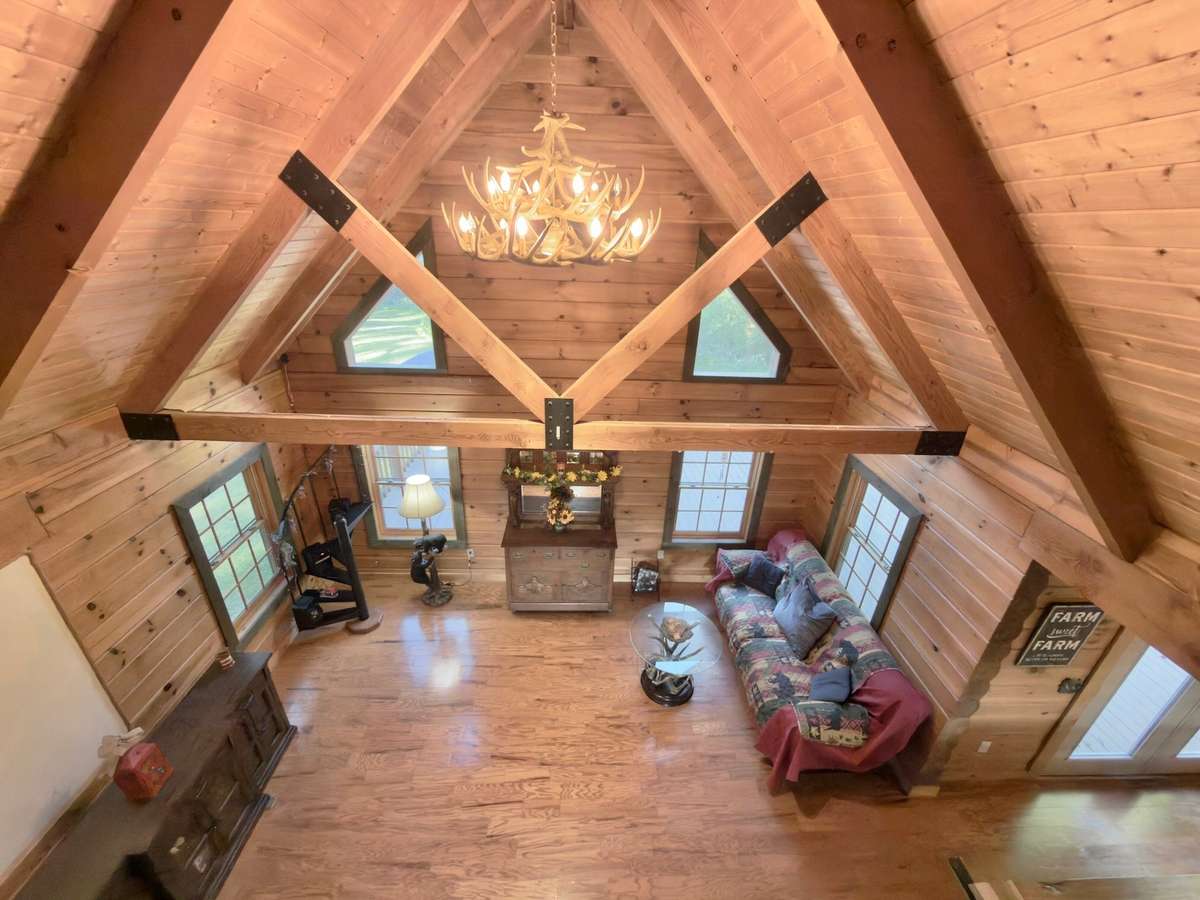 Notice the antler chandelier!