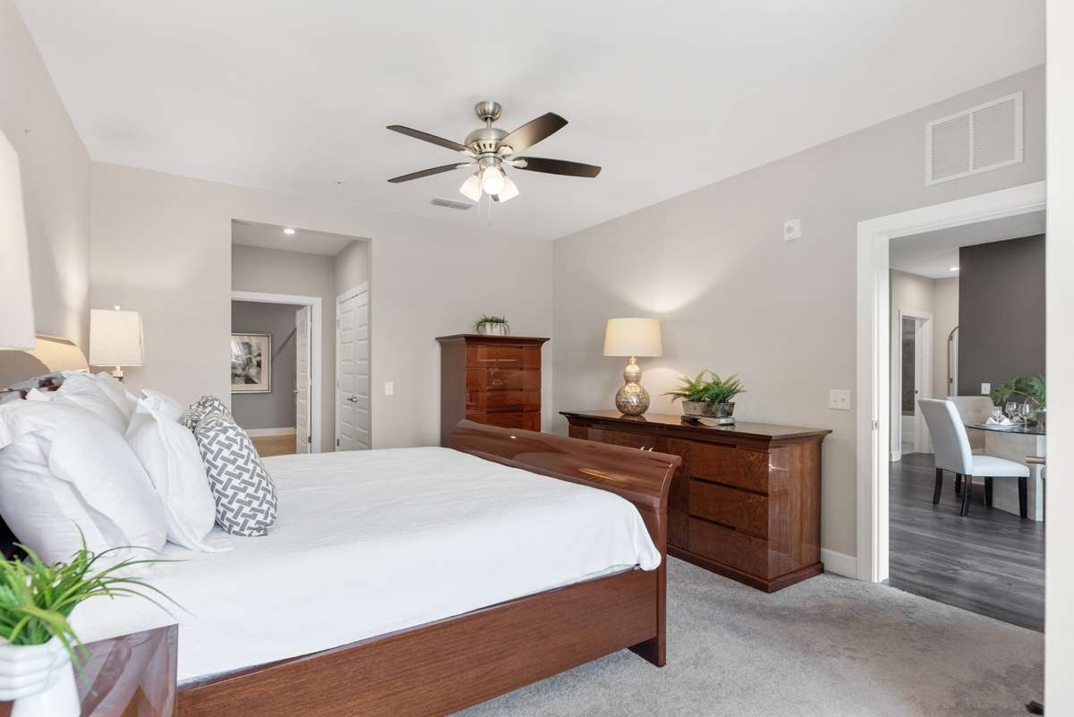 The primary suite is a large retreat with plush carpet, ceiling fan, and en-suite bath access.