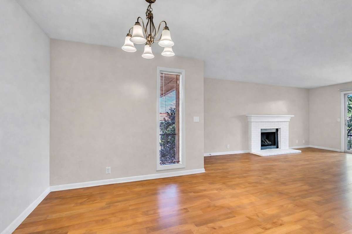 Dining area with chandelier.