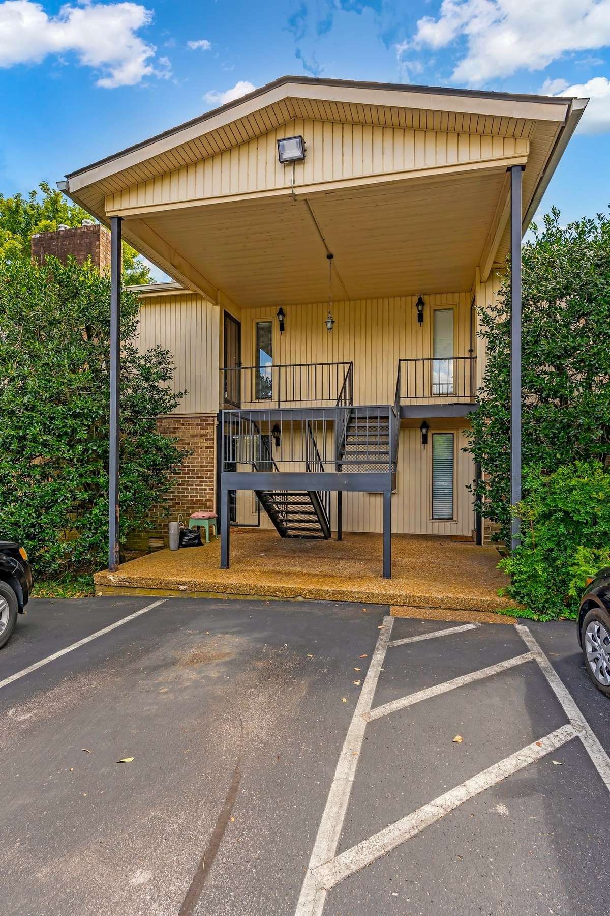 The condo is situated on the second story.
