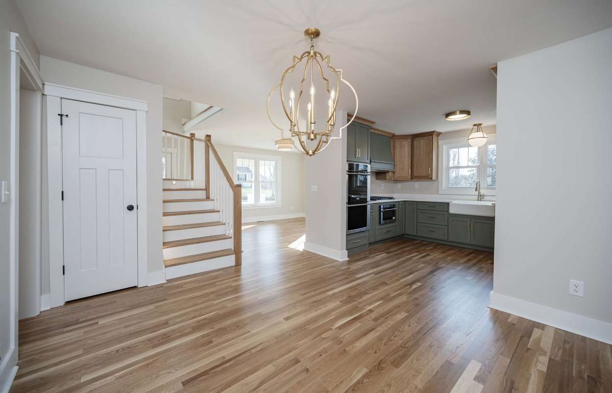 View from dining into living and kitchen