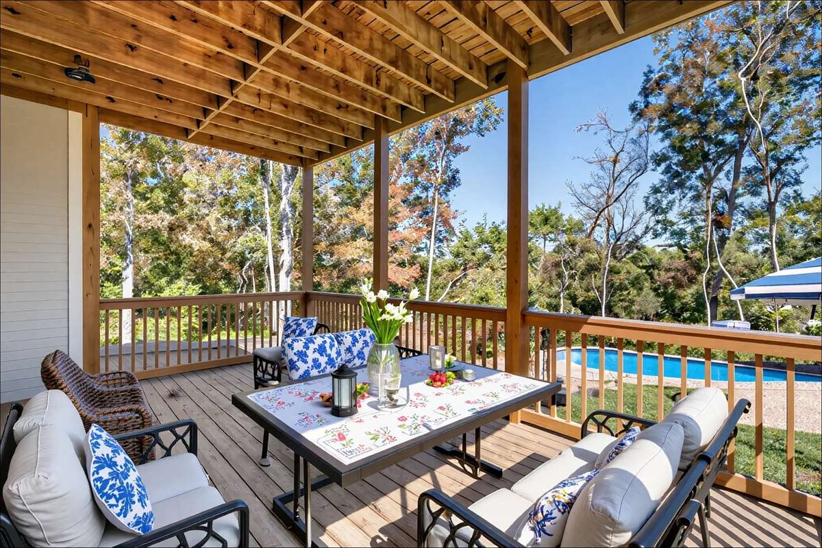 Ai staged Lower with inviting covered deck with space for outdoor seating and dining, overlooking the backyard and pool area.