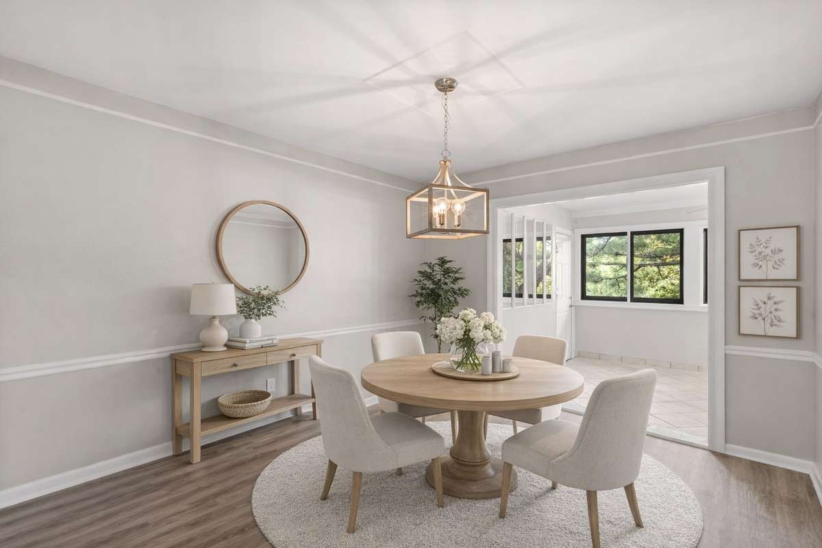 Separate Formal Dining Room includes new light fixture, LVP floors, fresh paint, chair rail and crown moulding. Opens to the large, bright Florida Room and Kitchen. Virtually staged.