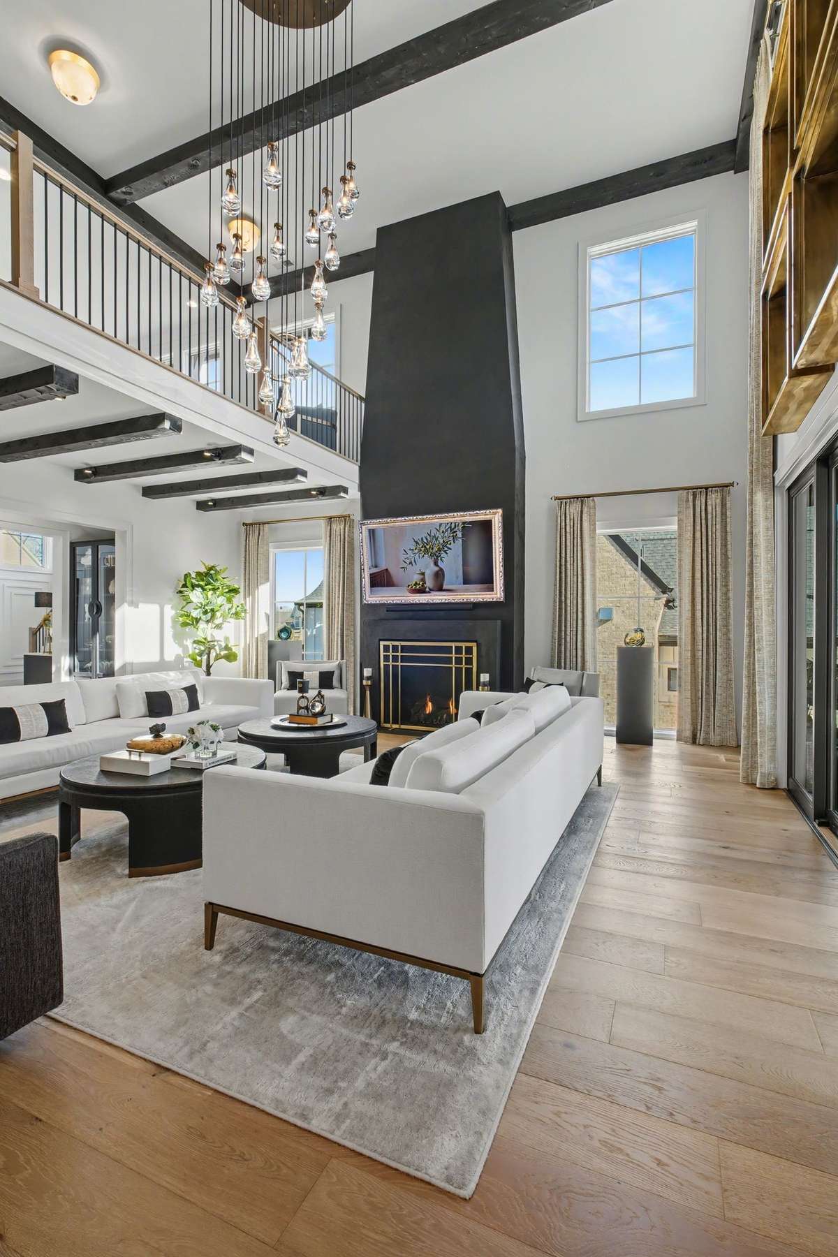 Great Room with 2 Story Venetian Plaster Finished Fireplace - Another  Spectacular Restoration Hardware Fixture