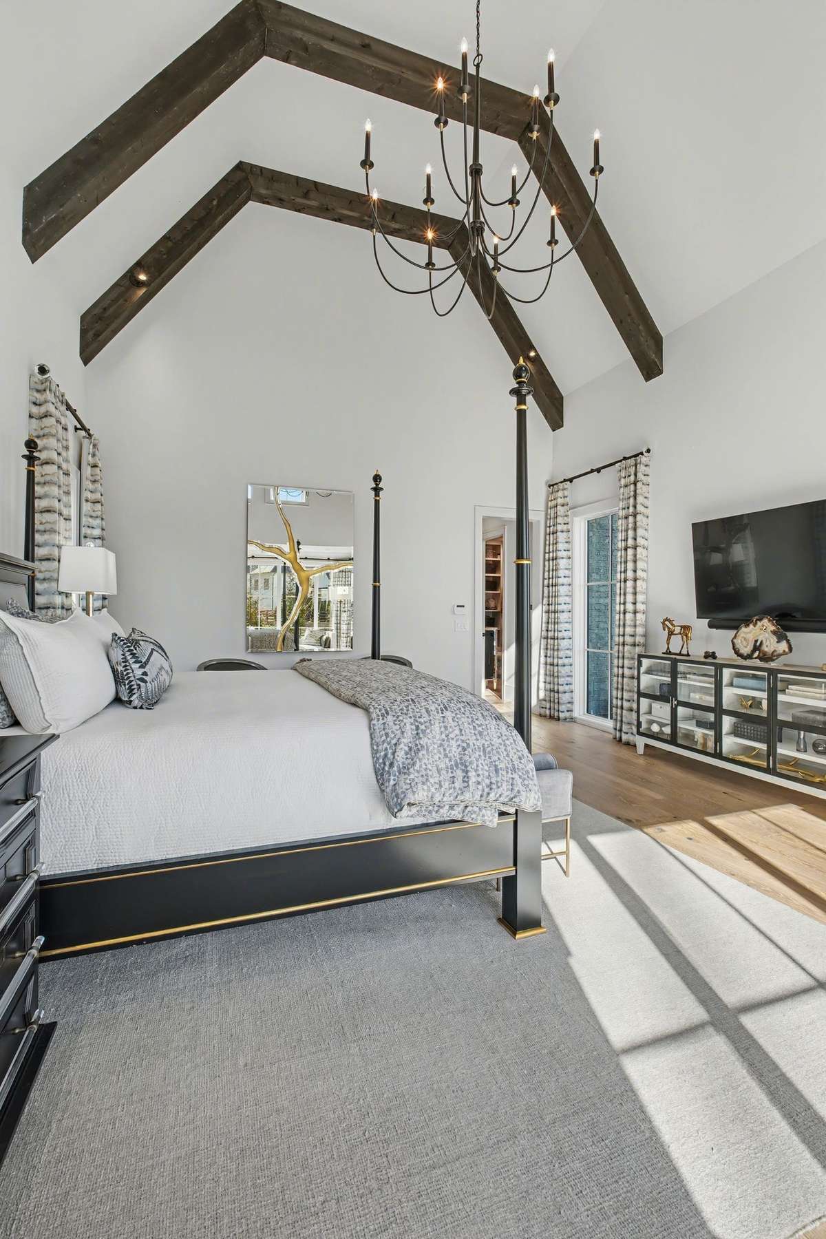 Master Suite Wood Beamed Ceiling and Gorgeous Ceiling Light Fixture