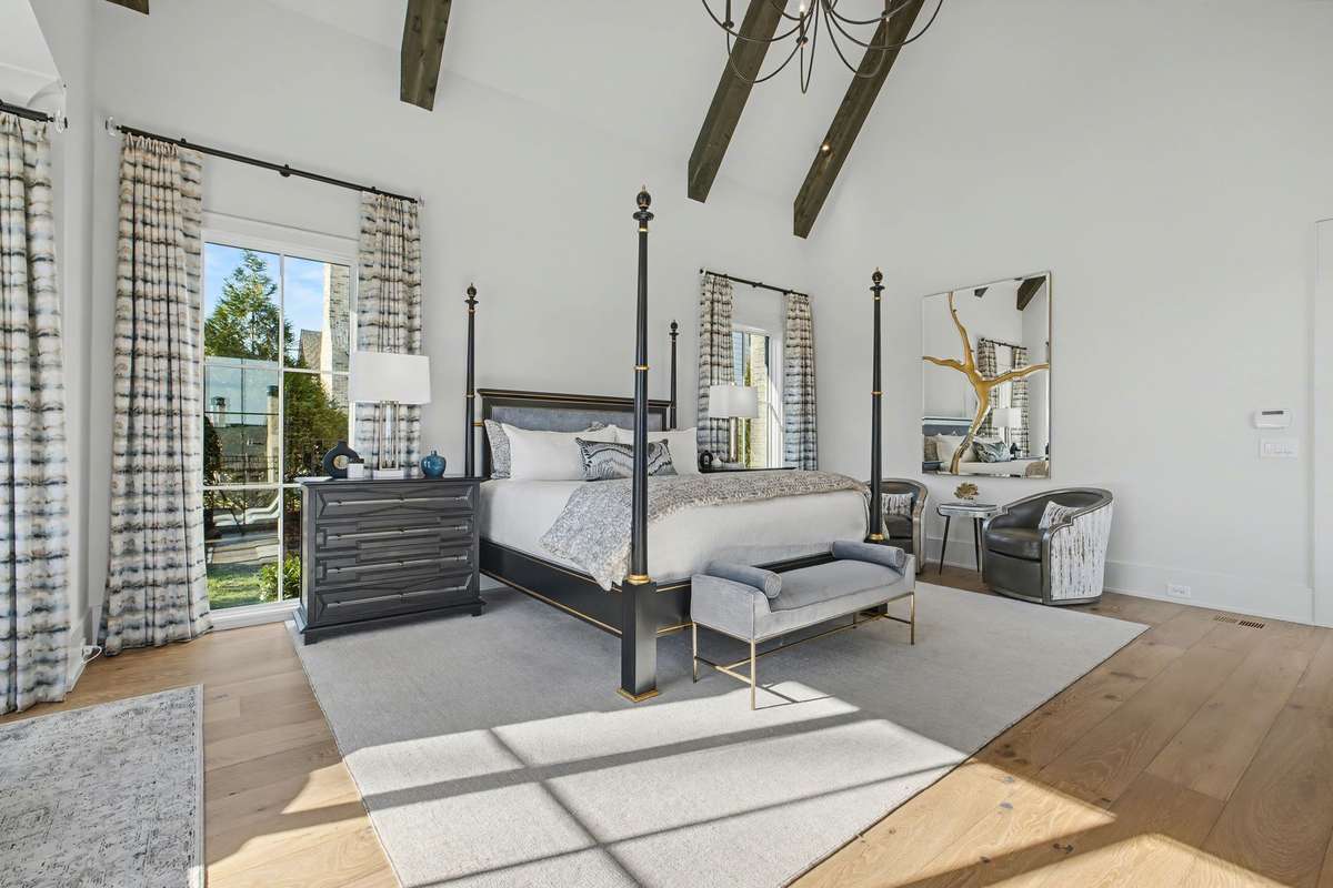 Huge Main Level Master Suite with Soaring Ceiling and Wood Beams - Remote Controlled Black-out Drapes/Blinds