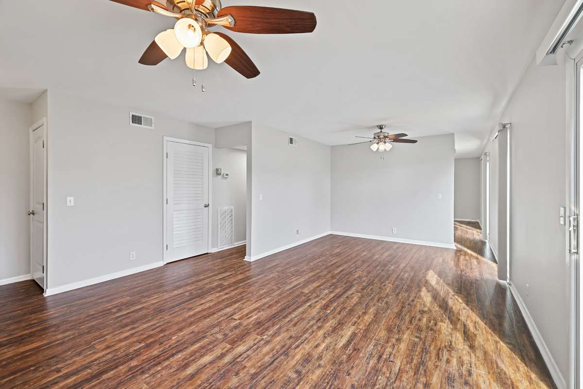 Living area flows to the kitchen  and on to the dining room