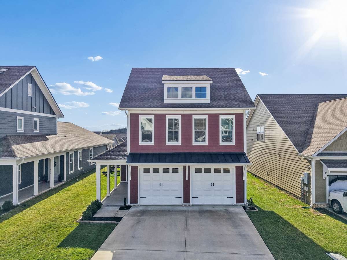 Drone view of front of home.