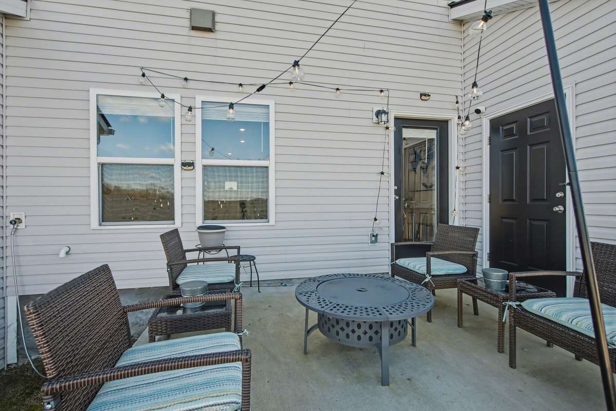 Edison patio lights can stay if a buyer desired. The door (left) comes from the main living room. The door (right) is for extra storage space.