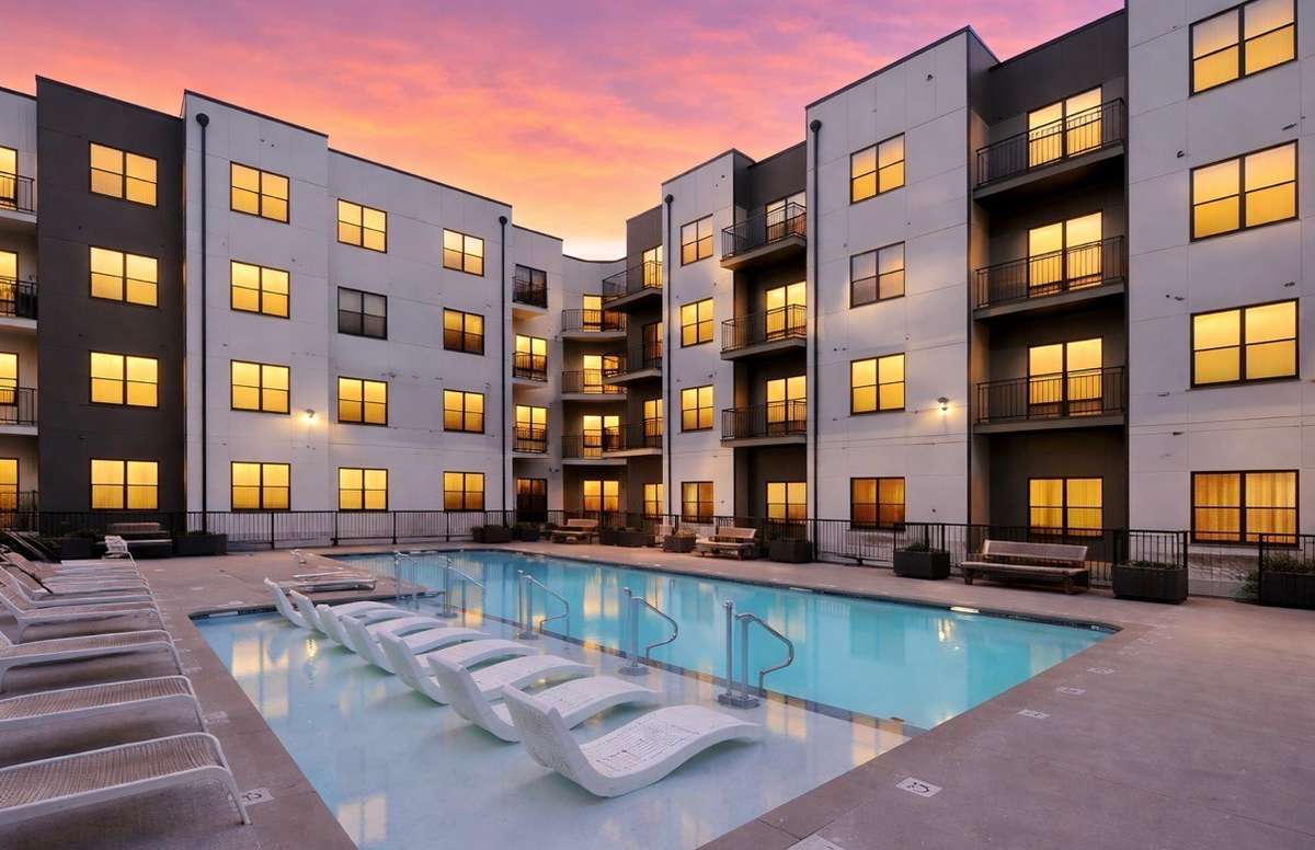 Twilight at Silo West in the Nations Unit 430 is a top floor unit overlooking the pool. This photo has been virtually enhanced