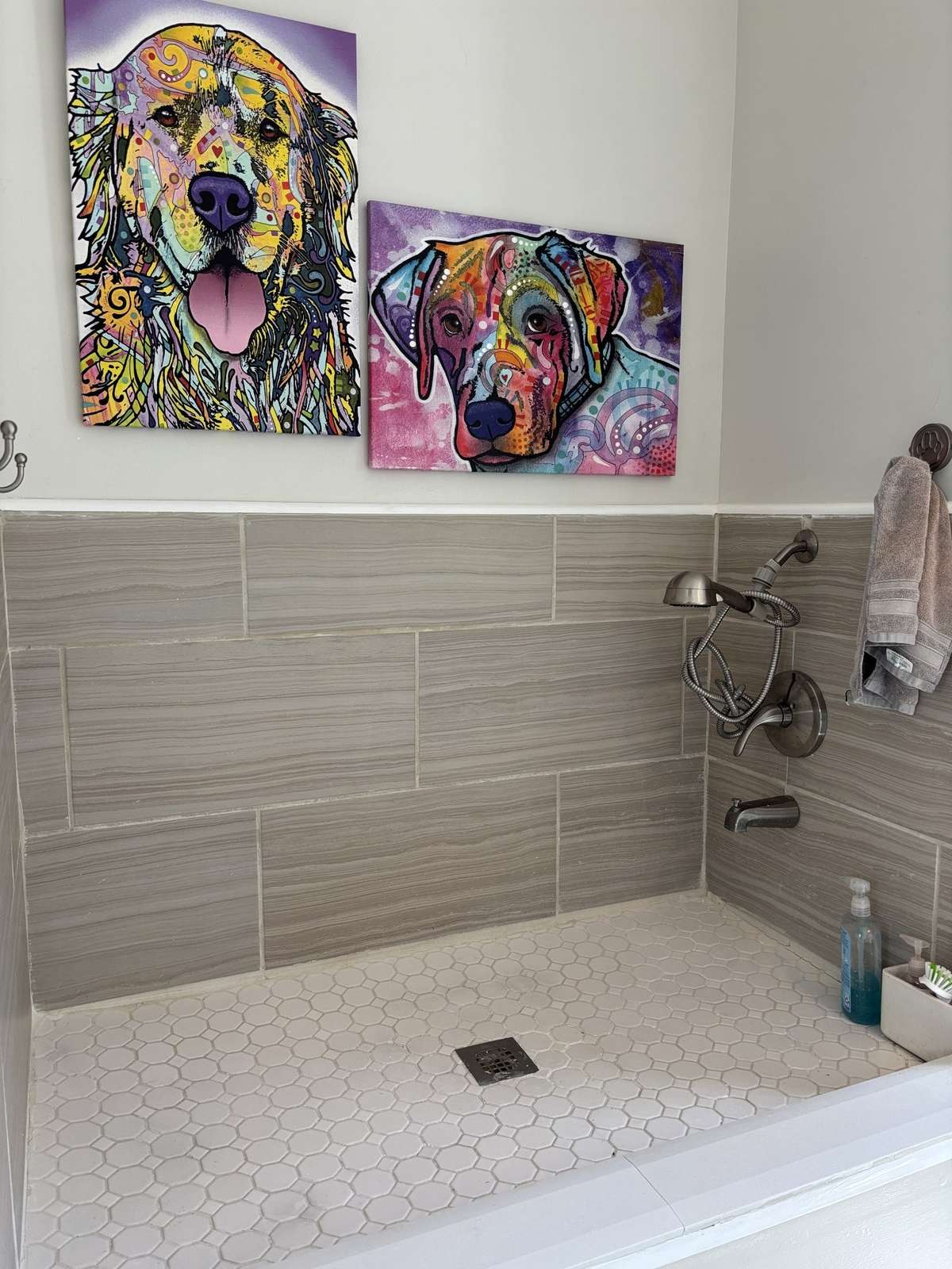 Dog shower in the laundry room.
