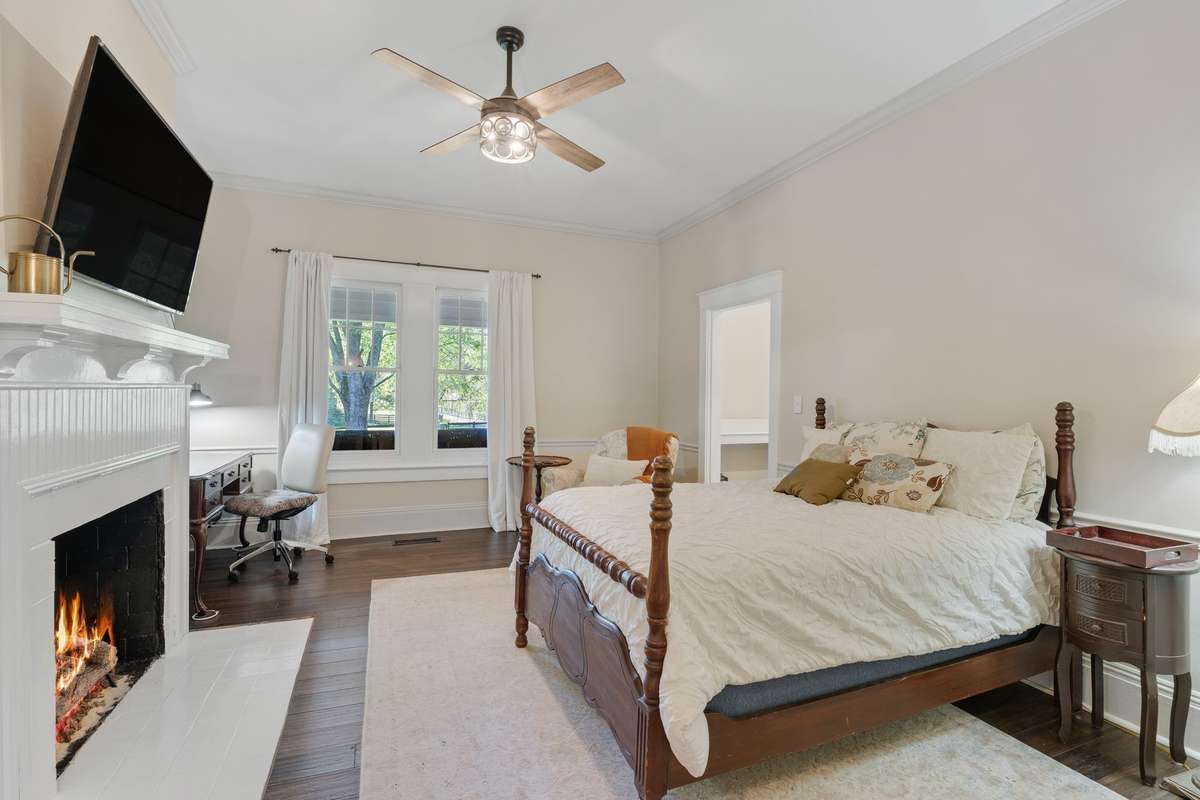 Bedroom one is on the first floor.  You'll love the fireplace on chilly evenings.
