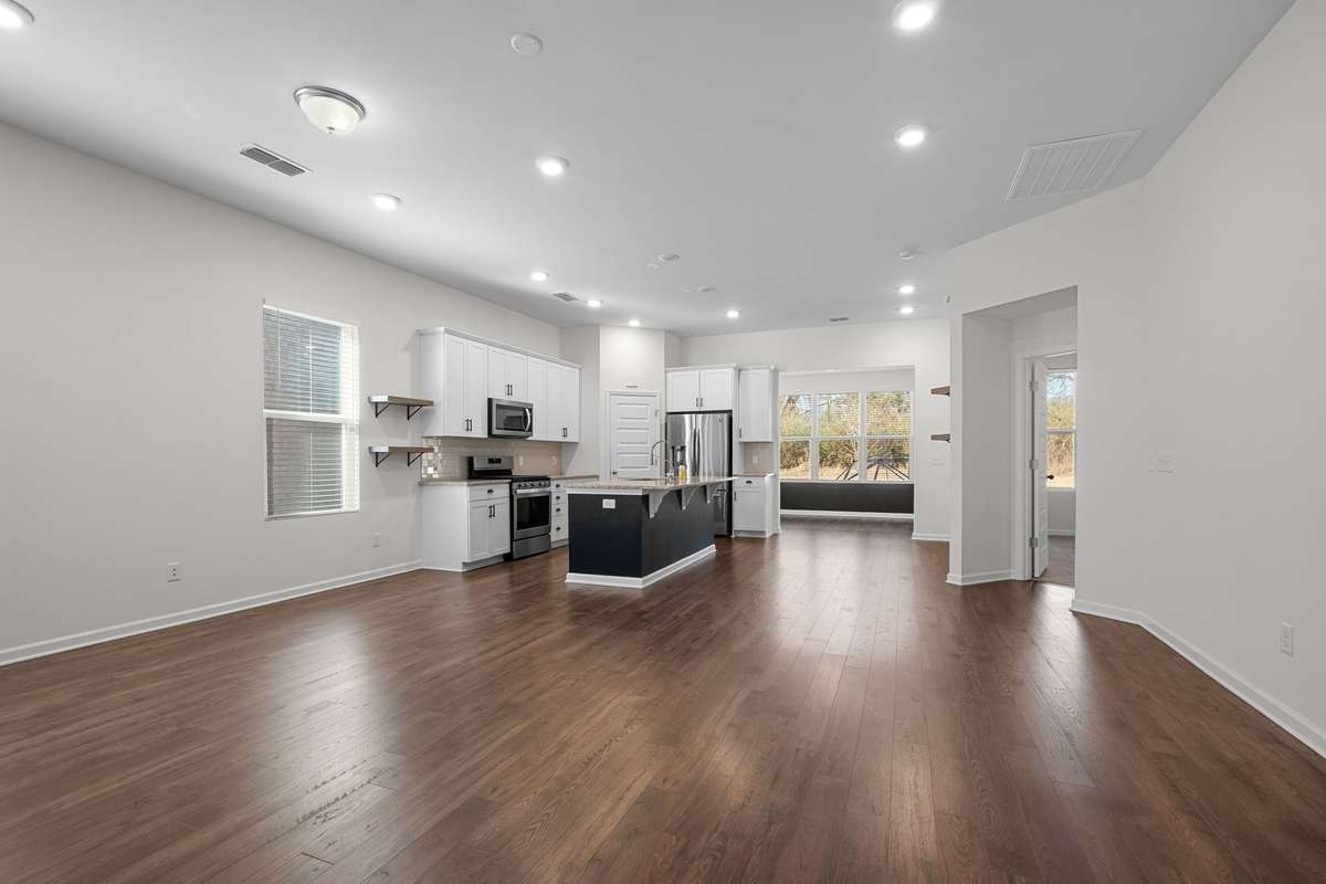 Open floor plan living room, dining room and kitchen