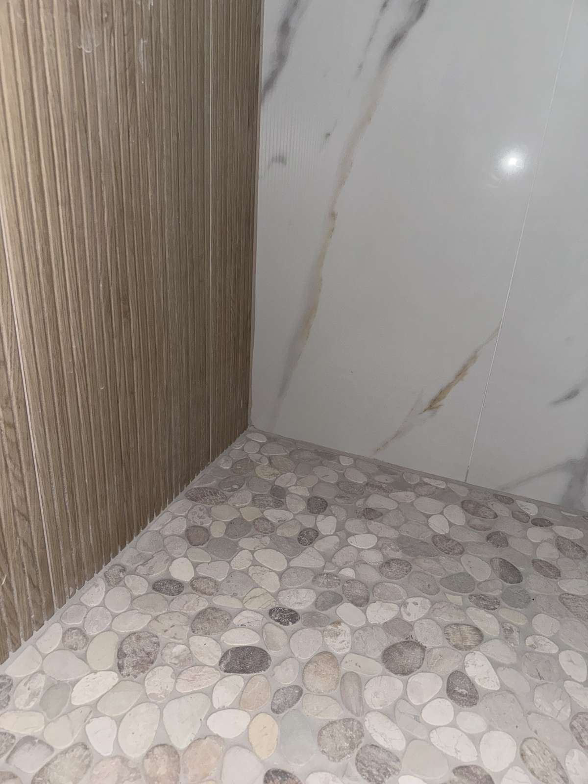 Primary shower tile and fixtures close-up