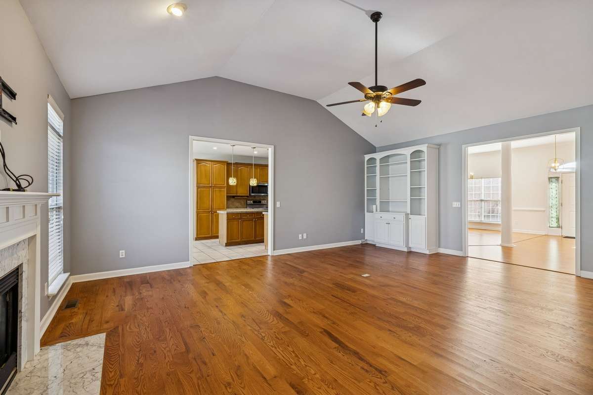 Another view of the Living Room that showcases the built-in bookcases.