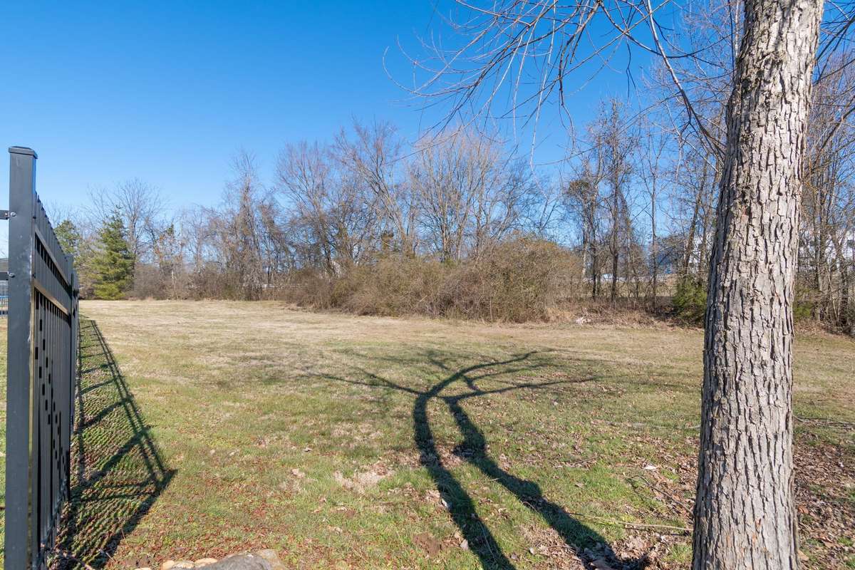 The backyard offers a combination of open lawn and wooded surroundings for privacy.