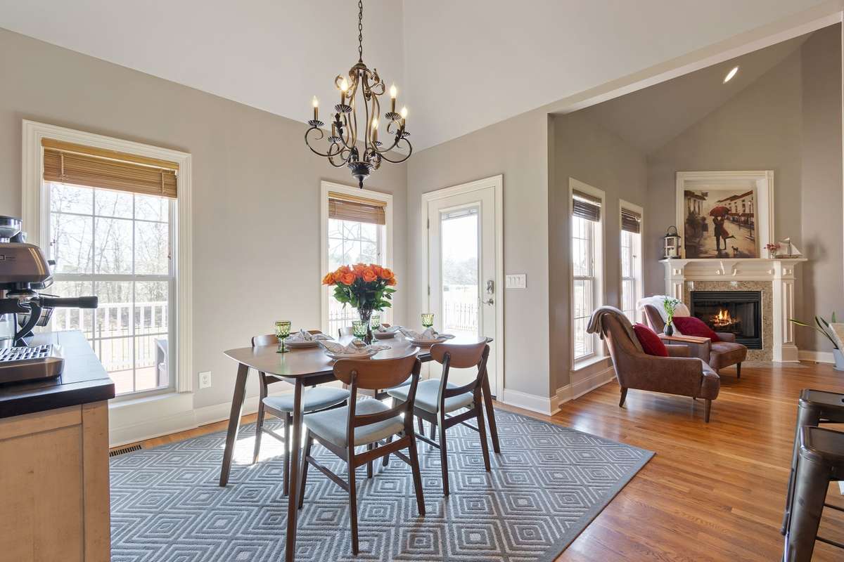 The dining area flows seamlessly into the living room.