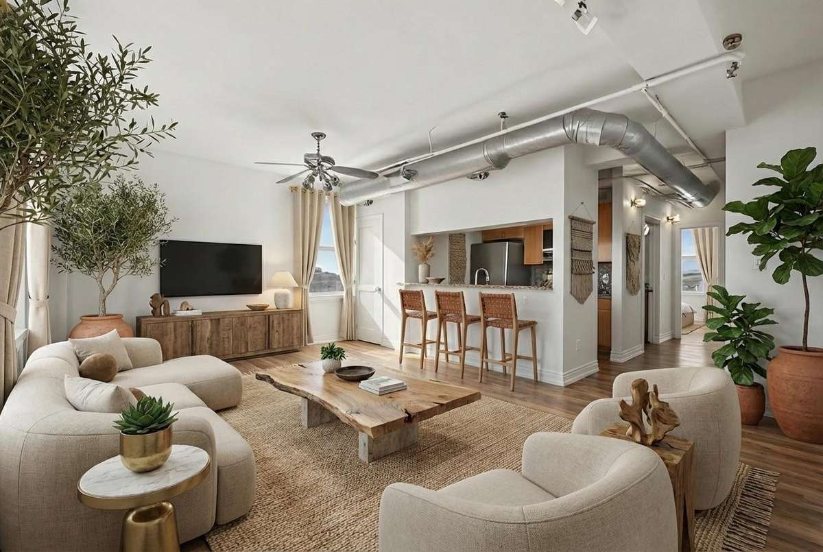 Amazing 1-bedroom condo at Bennie Dillon featuring four different vantage points of windows throughout the unit, filling the space with natural light and offering unique city views from multiple angles. *Virtually Staged*