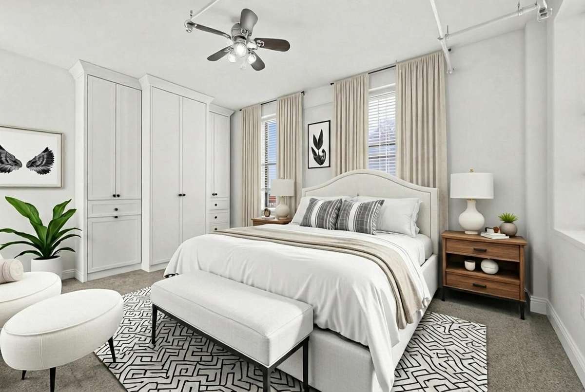 The light-filled bedroom features three distinct window vantage points and a custom designer closet system, thoughtfully integrated & enhanced with premium built-ins, including a pull-out hamper for added convenience & organization. *Virtually Staged