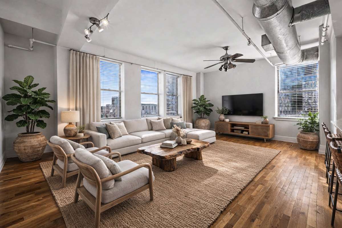 The spacious living room offers plenty of room for entertaining while showcasing beautiful downtown views. The owner also incorporated a separate dining area, perfect for hosting dinners or creating a dedicated gathering space. *Virtually Staged*