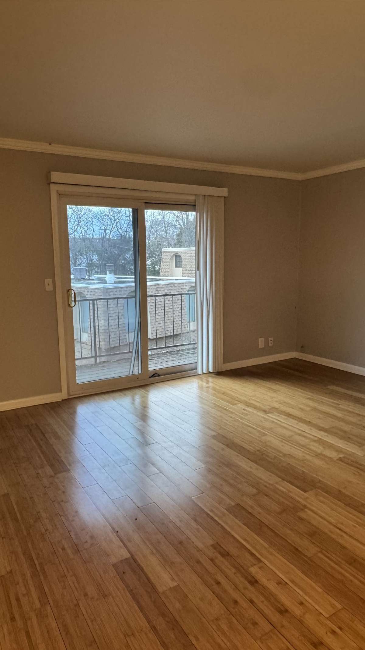 The real Bamboo floors glow, creating a welcoming atmosphere for you and your guests.  The sliding doors lead out to the balcony, which overlooks the pool deck.  The vertical blinds will remain with the property.