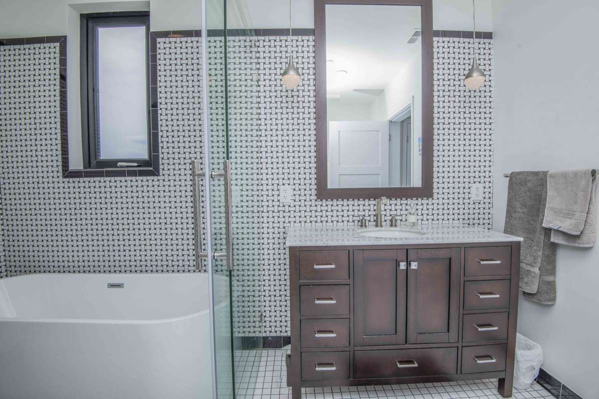 Primary bath with shower and soaking tub