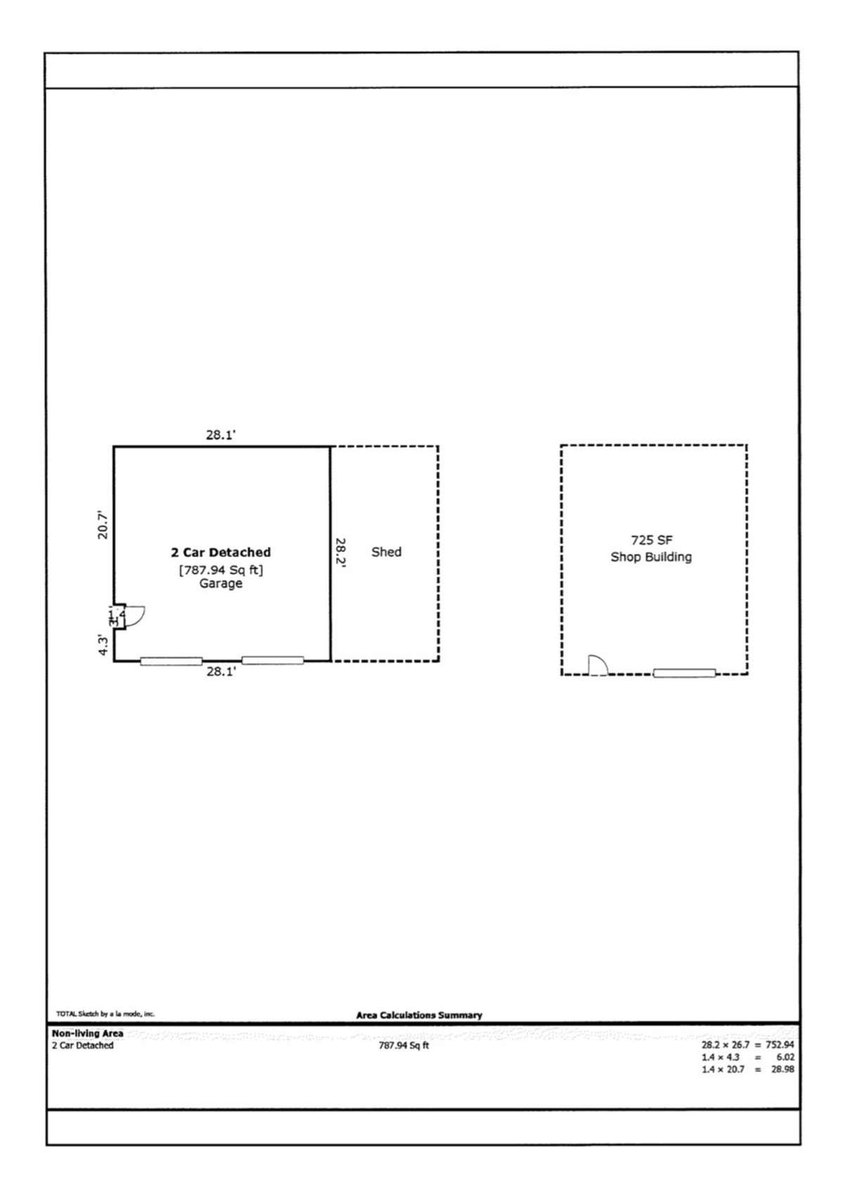Professional measurement of two car detached garage and storage shop