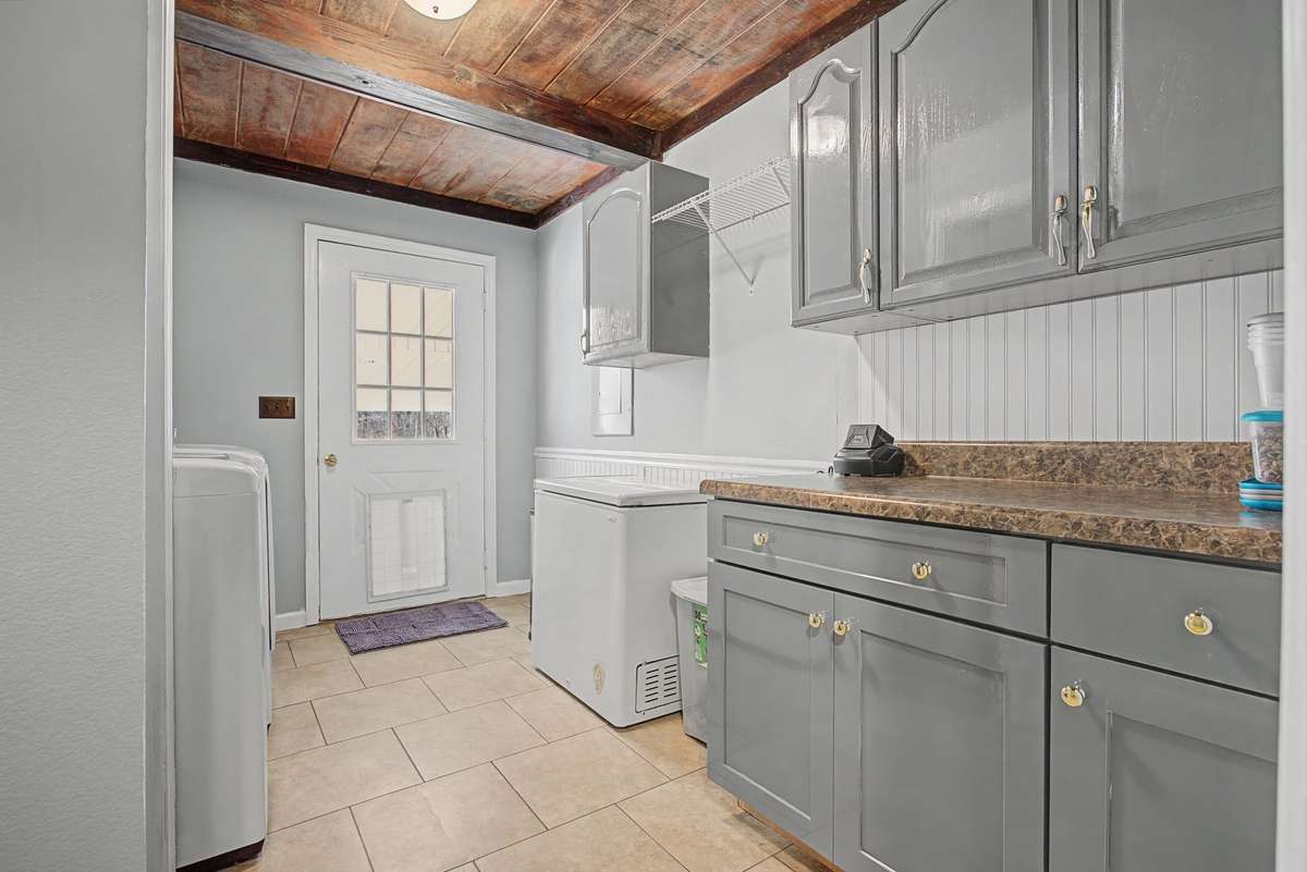Walk-in Mud Room and laundry room with storage cabinets. Open shelving for extra pantry area and storage