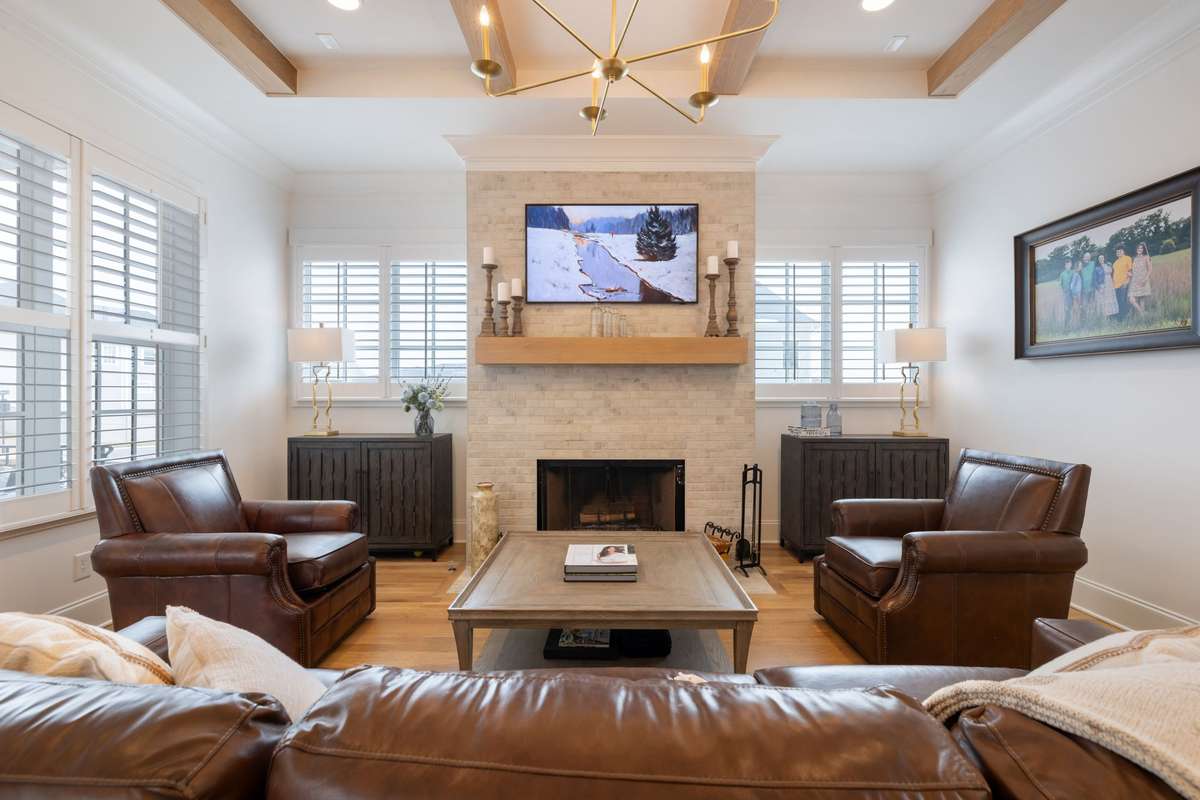 All the windows in the home feature plantation shutters.