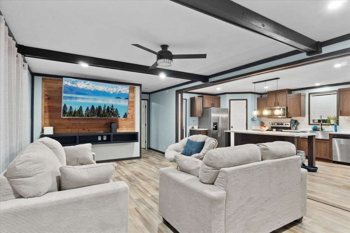 Open Living Room, Kitchen and Dining, Big Screen TV can stay