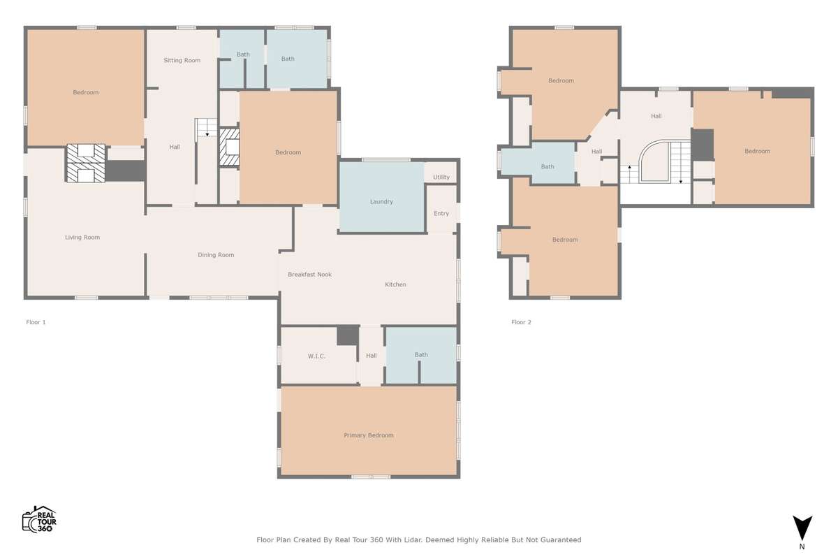 Illustrative floor plan depicting the approximate layout of the residence, including multiple bedrooms, living areas, kitchen, baths, and utility spaces across two levels. Intended for general reference only.
