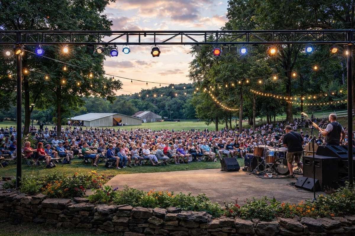 AI-enhanced image created to illustrate the potential use of the existing stage & event lawn at Shadow Valley Farm. The stage, concrete pad, & lighting framework are existing features; crowd & event elements are shown for visualization purposes only