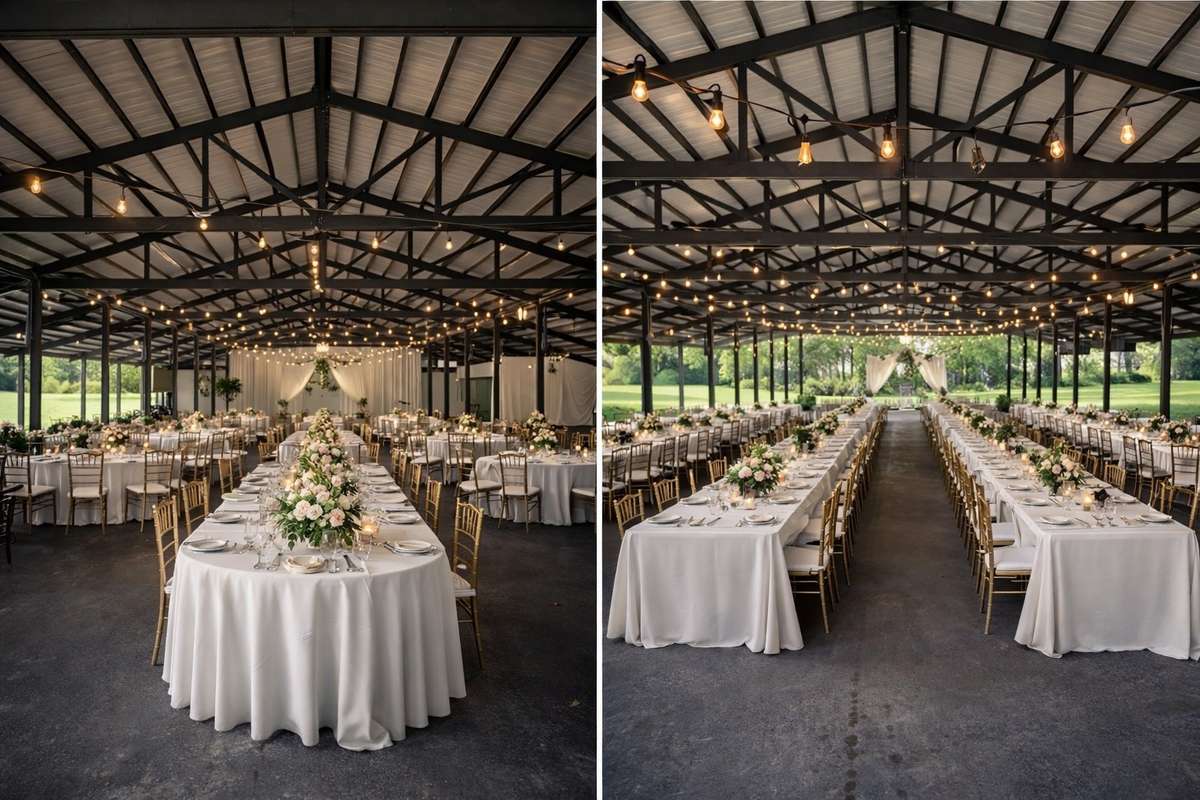 AI-enhanced image illustrating the potential use of the covered pavilion for events and receptions. Select tables, chairs, linens, and décor may be available for inclusion with the sale. This rendering is for visualization purposes only.