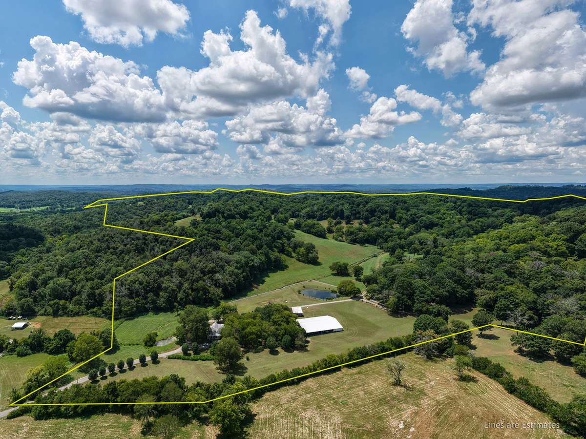 Aerial view showcasing approximately 164± acres of rolling pasture and wooded landscape, with estimated property boundaries, extensive fencing, and exceptional privacy.