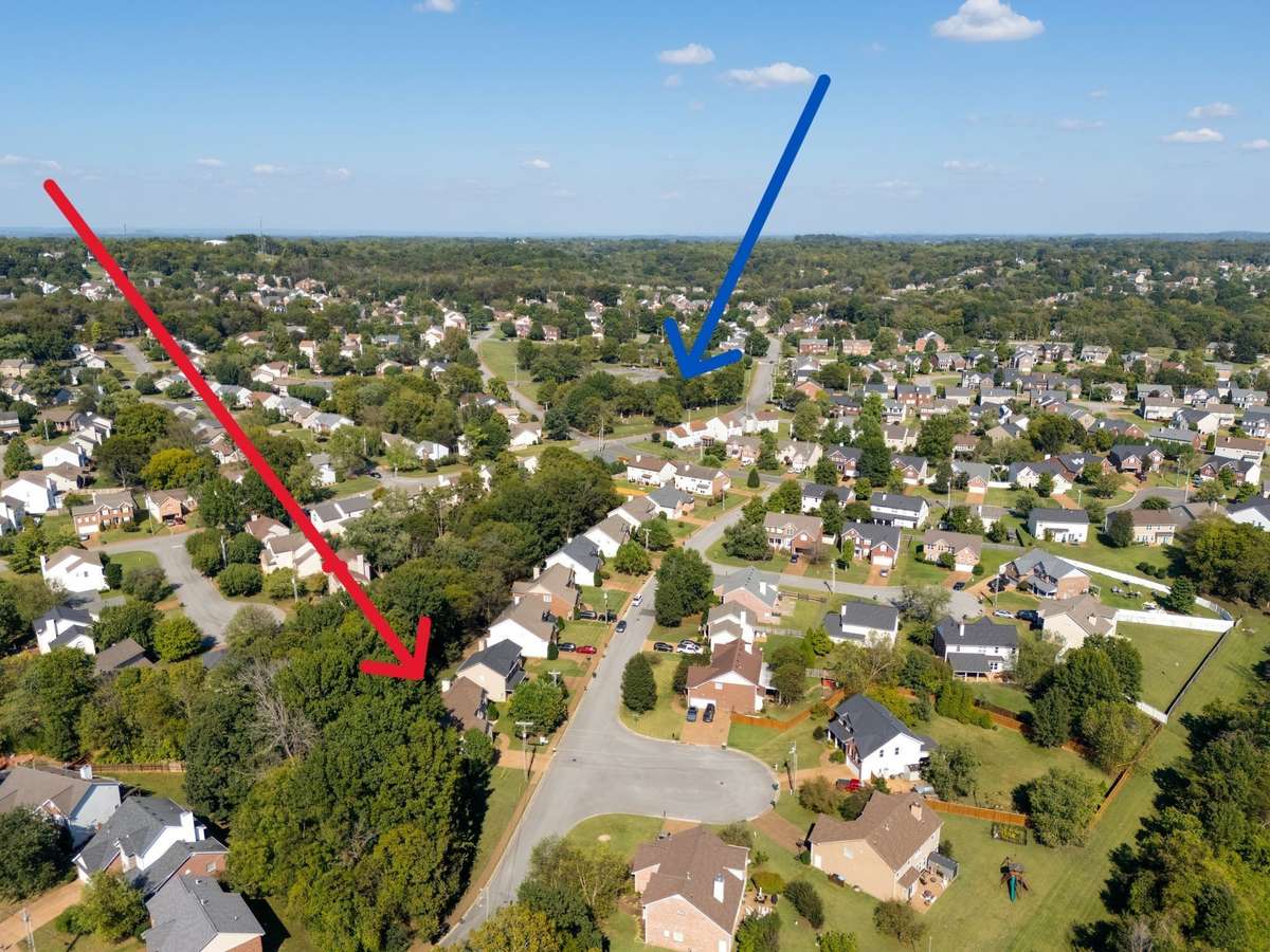 Aerial view shows location of home (red arrow) and location of Willoughby Station amenity area just a short walk away!  Pools, playground, basketball court, tennis courts and open area to enjoy!