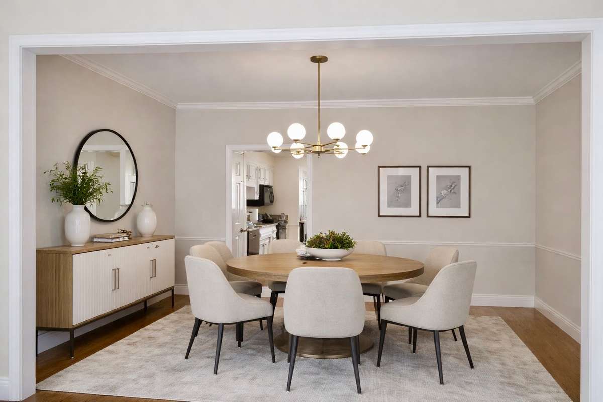 This photo has been virtually staged with new paint, lighting, and furniture.