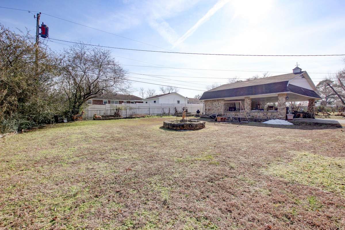 Back yard- fenced, fire pit