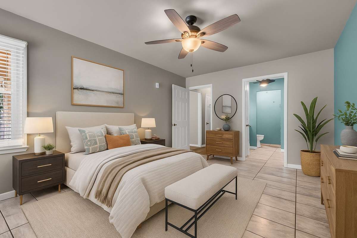 Virtually staged primary bedroom