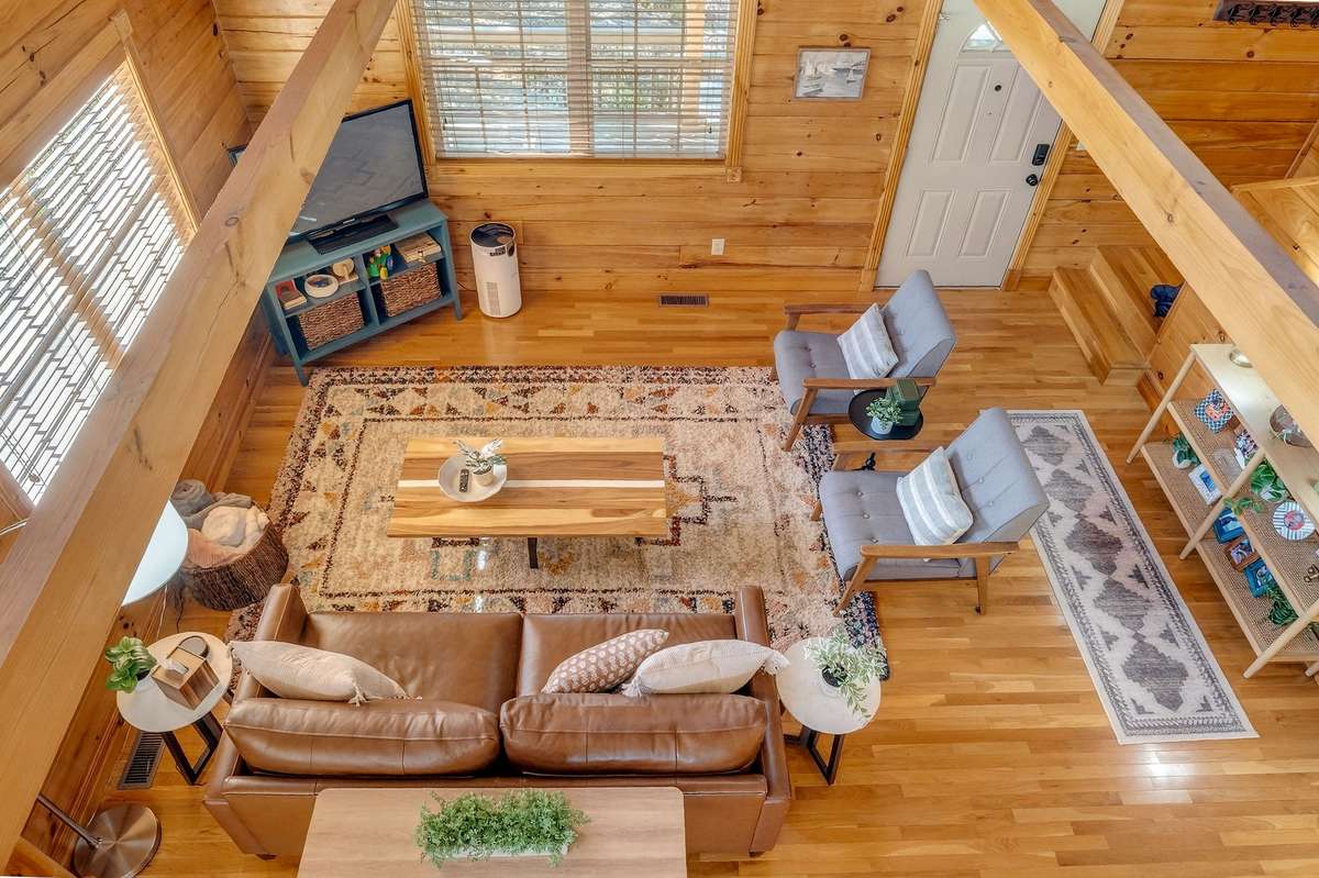 Volume ceilings in the living area of the main level.