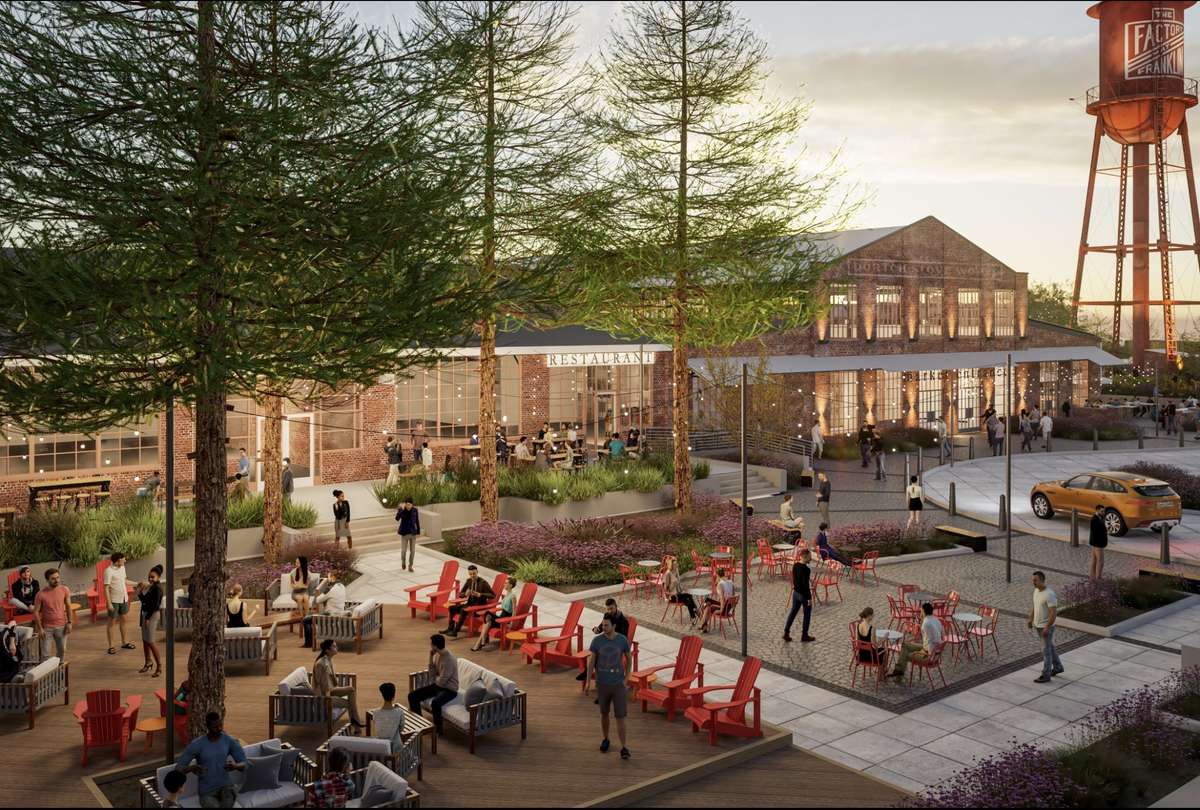 Just across the road from Harlinsday Farm: The Factory at Franklin — a historic 1929 adaptive-reuse campus offering artisan shopping, dining, and live entertainment.