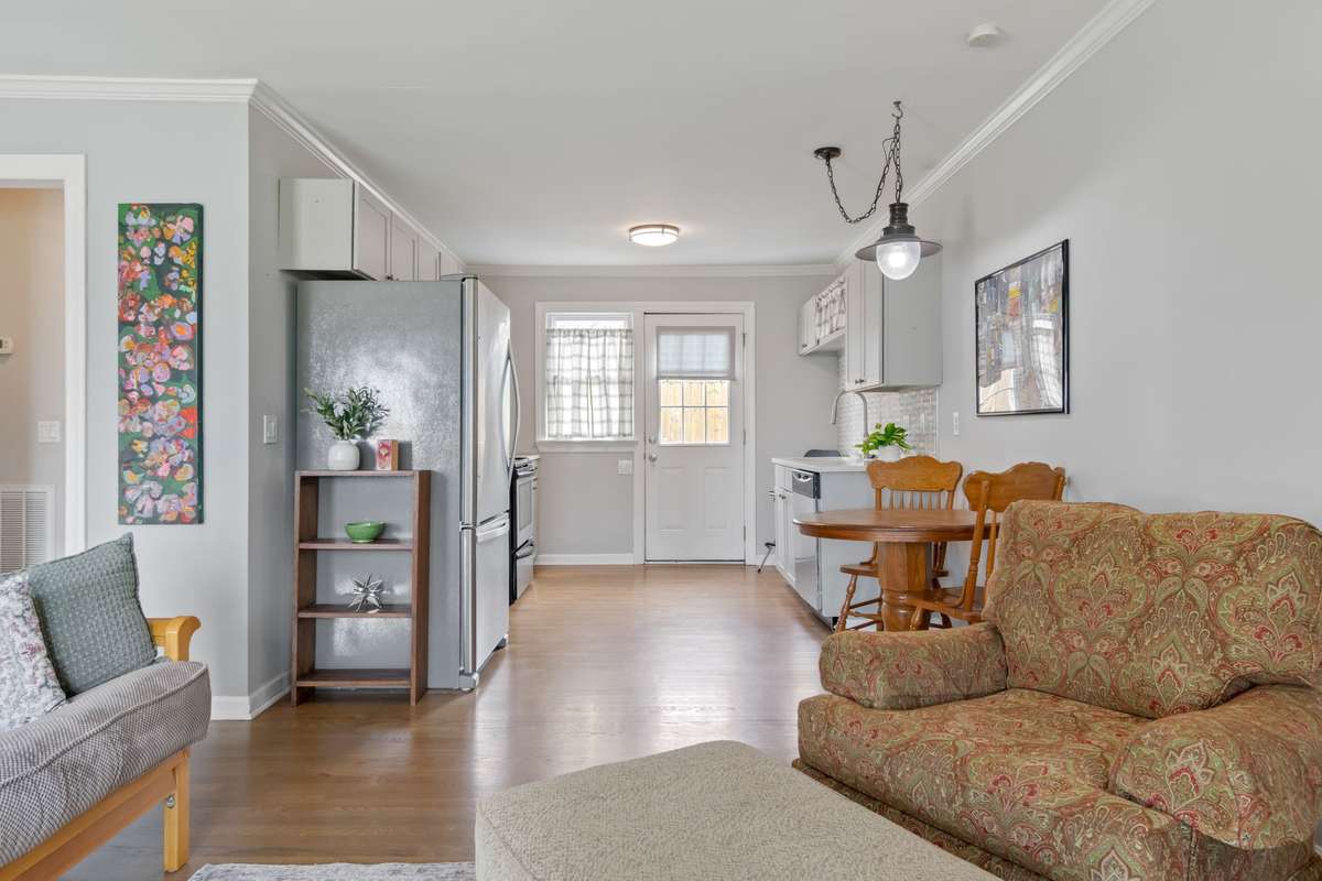 Beautiful oak hardwood floors run throughout the space.