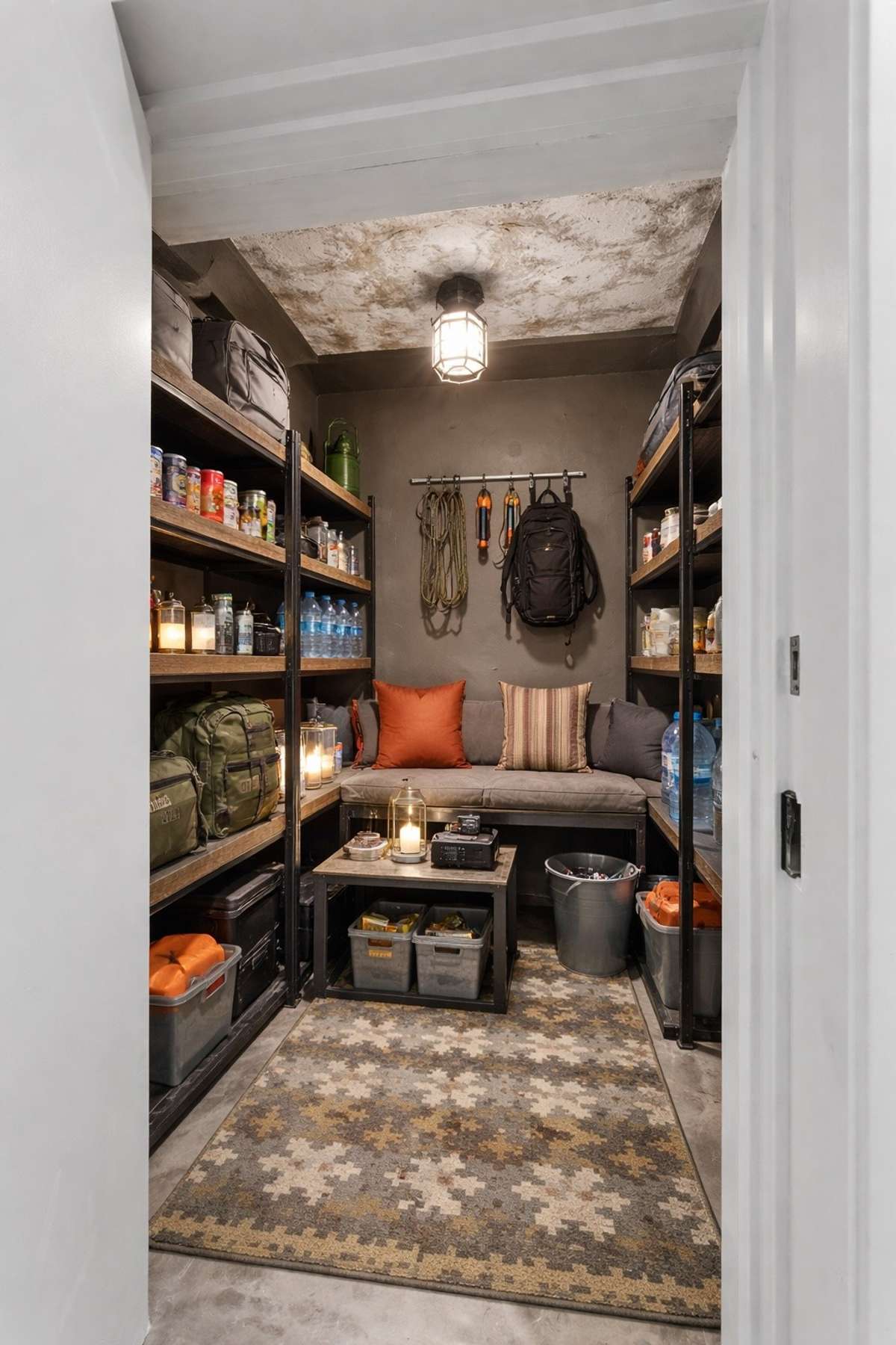 Storm Shelter: Built for peace of mind, a fully enclosed concrete storm shelter designed for safety, storage, and thoughtful preparedness. * Inspirational image for how to finish the room out.