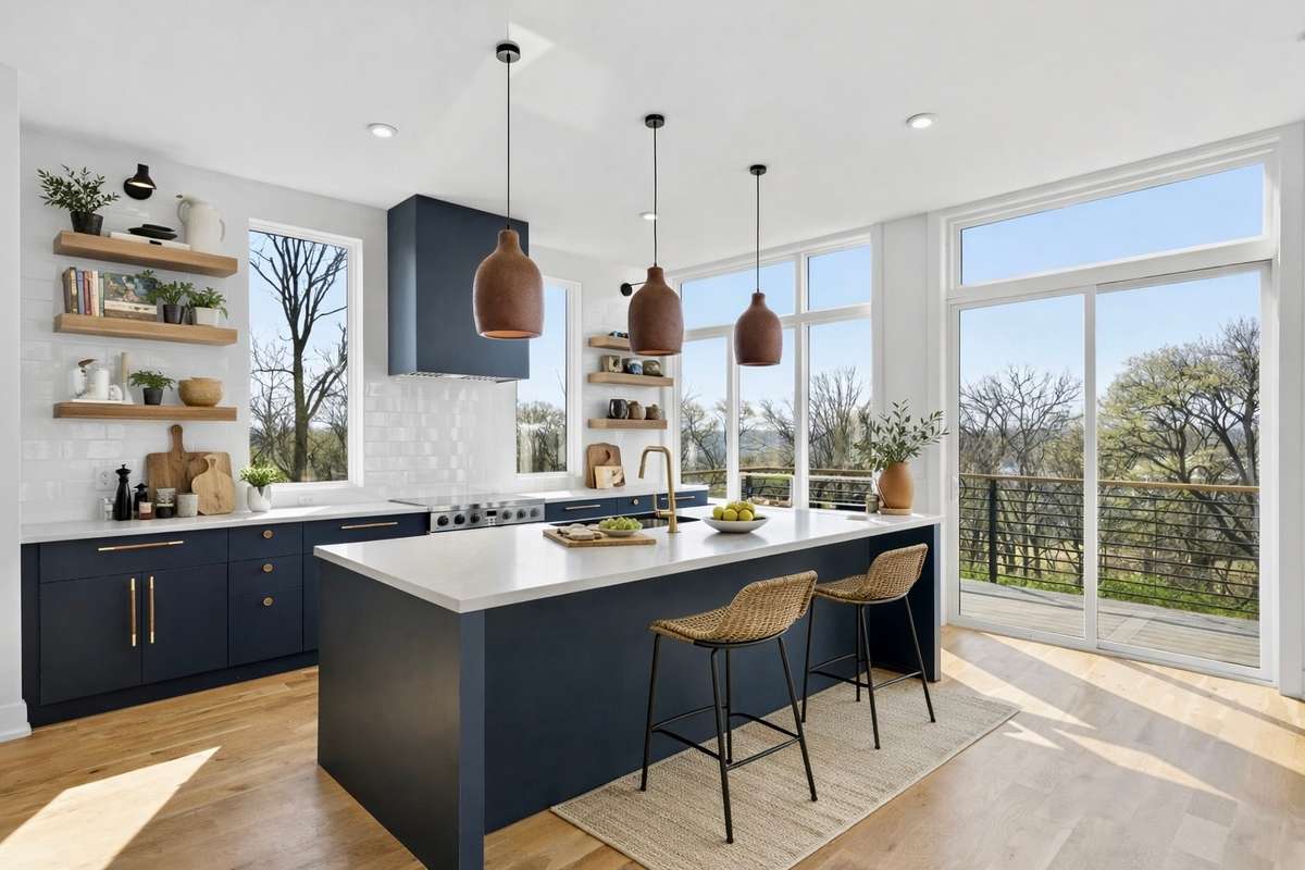 Chef’s kitchen with oversized island, custom cabinetry, and expansive windows, designed for gathering, light, and everyday happy living.