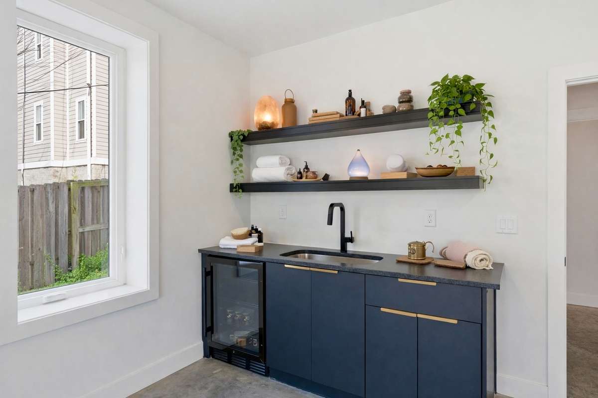Attached Flex Space Kitchenette: Flexible lower-level living with a kitchenette with sink and refrigerator, ideal for short or long-term rental, guests, entertaining, wellness room snacks, or creating a private suite.