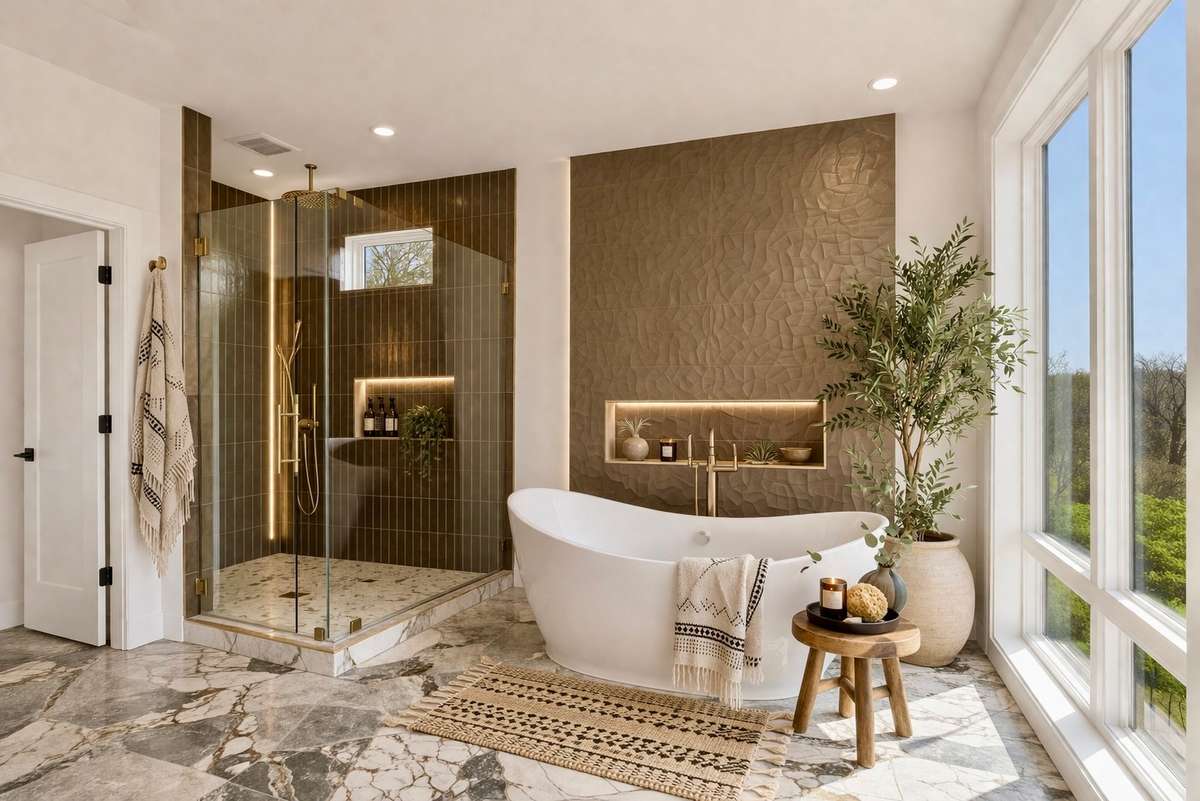 Spa-like master bath with soaking tub, walk-in shower, and natural light, designed for daily restoration and calm.