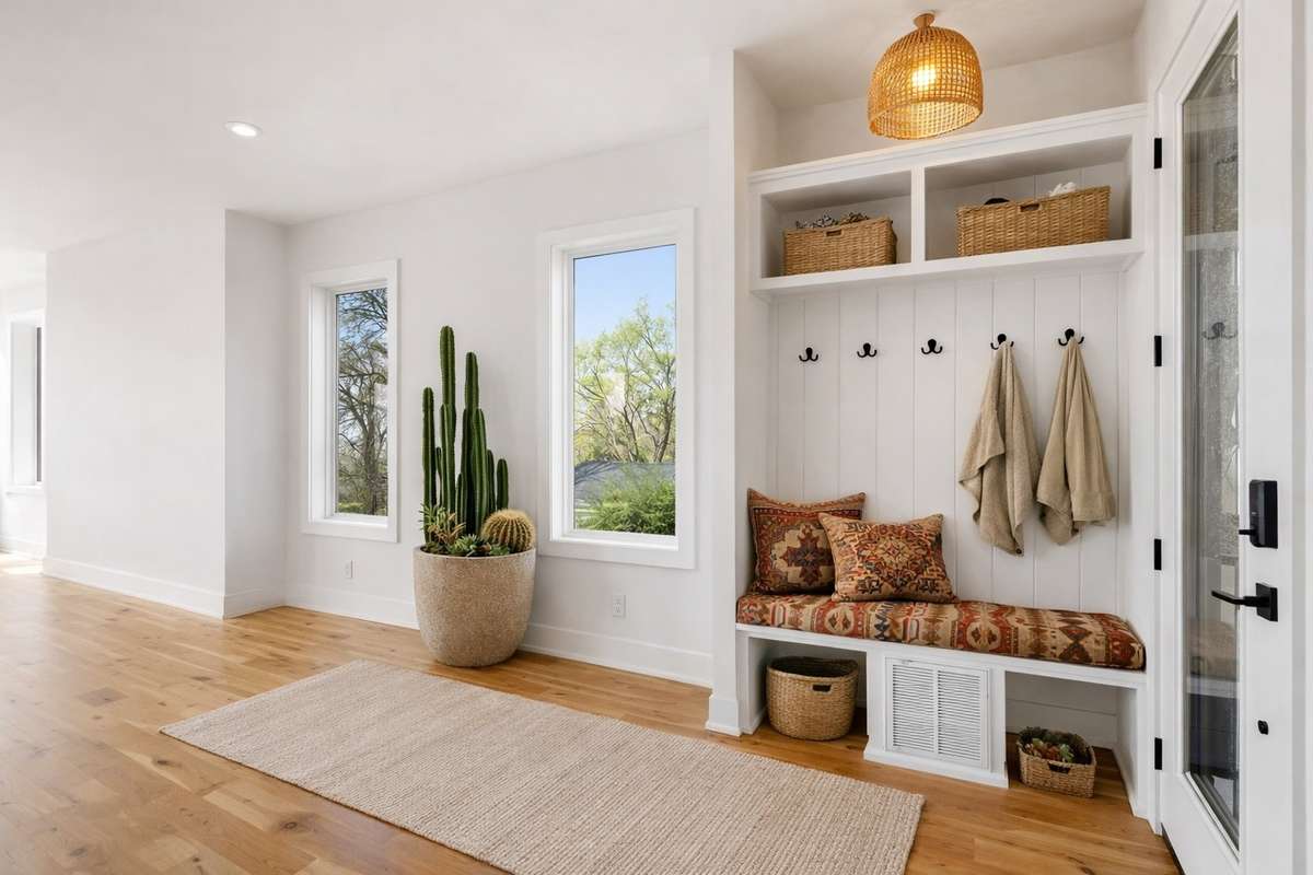 Welcome Home- Custom-built mudroom with integrated storage, seating, and hooks, thoughtfully designed for everyday function without sacrificing style.