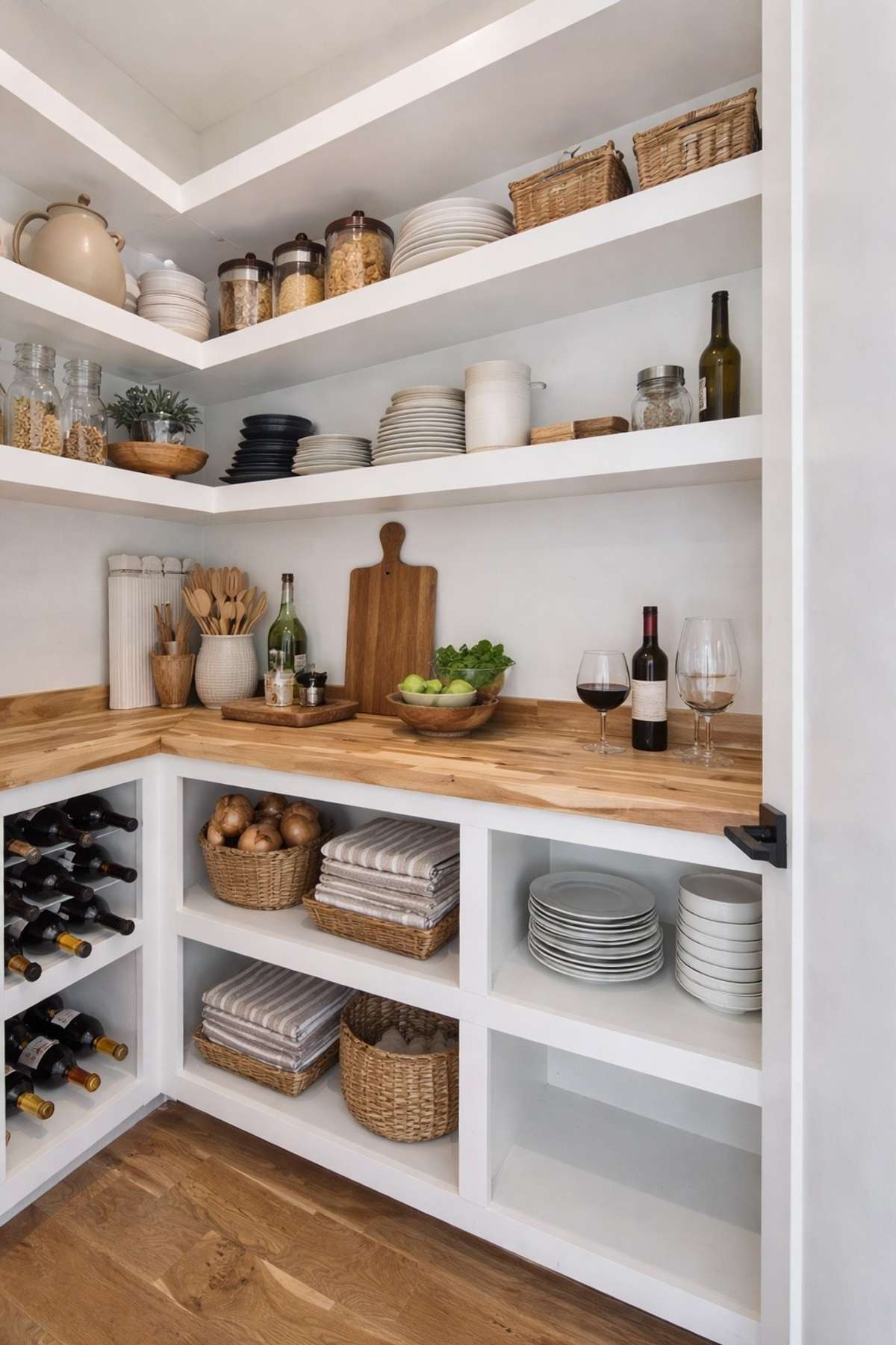 Walk-in Butler Pantry with custom shelving, designed for both beauty and organization, blending function with elevated design. Sufficient outlets for countertop appliances.
