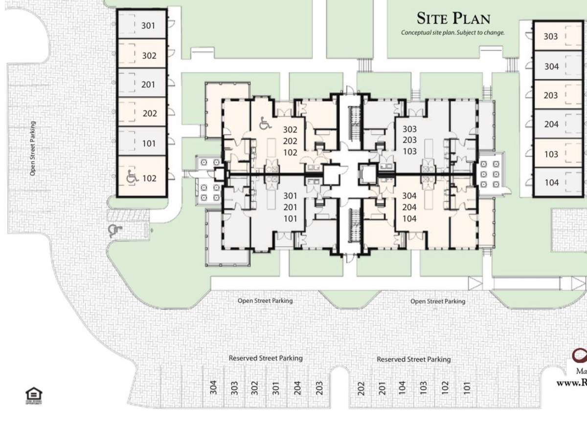The Site Plan showing the garage and assigned parking spot location for unit 101