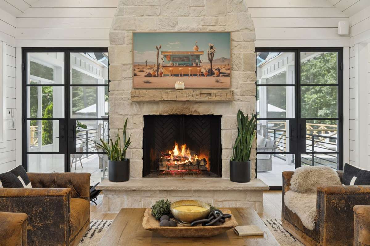 Beautiful Rock Fireplace in Living Room