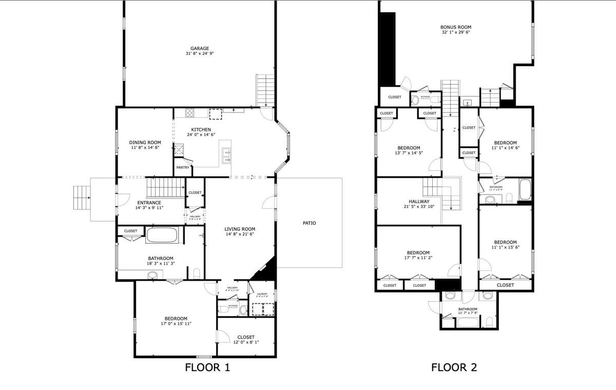 Main floor and upper floor layouts. An additional storage room does not appear on the floor plan. It makes a U-shape around the upstairs bathroom that's opposite the garage.